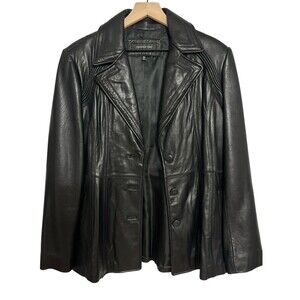 Jones New York Women's Black Genuine Leater 3 Button Blazer Jacket Size XL Linen